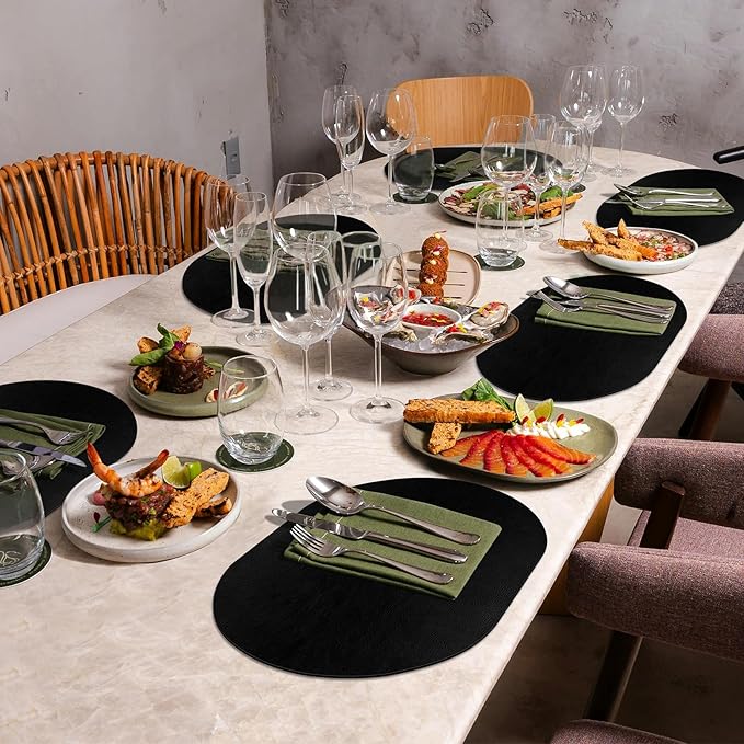 ADRIMER Placemats, Heat Resistant Oval Placemats Set of 8 Washable 12 x 17 Inch, Waterproof Table Mats, Wipeable Pu Place Mats for Kitchen, Dining Room, Black