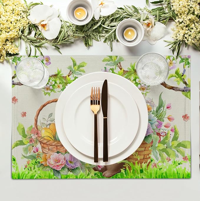 Easter Rabbit Placemats Set of 4 Spring Easter Egg Bunny Flowers Floral Place Mat 12x18 Inch Seasonal Farmhouse Linen Fabric Table Mats for Kitchen Dining Outdoor Indoor Easter Party Decoration