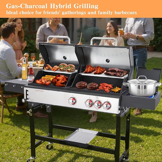 CIG GARDEN Gas and Charcoal Combo Grill, 3 Burner Propane Gas Grill with Side Burner, Cast Iron Grates Outdoor Barbecue Grill with 41,500 BTU Output, Perfect for Outdoor Cooking, Balcony, Camping