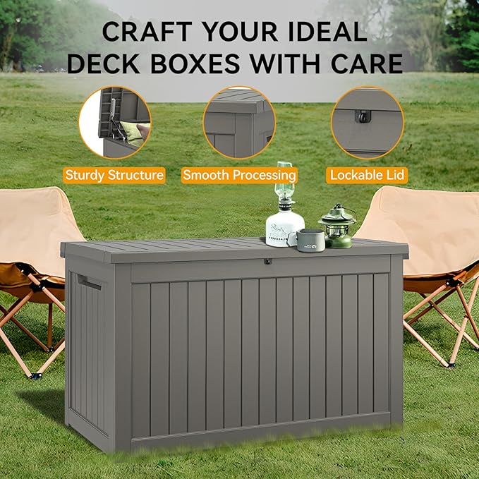 NUNU LAB 270 Gallon Large Resin Deck Box, Waterproof Outdoor Storage Box, Lockable Storage Bin for Patio Furniture, Garden Tools, Pool Accessories, UV-Resistant & All-Weather, Grey