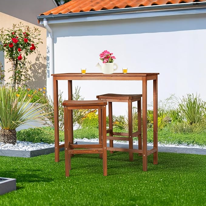 VINGLI 3-Piece Fir Wood Outdoor Bar Table and Chairs Set, Outdoor Bar Height Table with 2 Bar Stools Patio Bistro Set for Garden Balcony Backyard (Brown)
