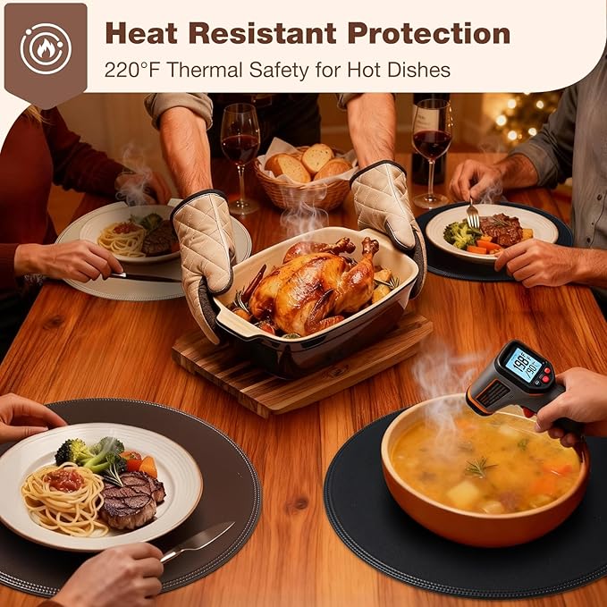 Round Vinyl Black Placemats Set of 6, Faux Leather Waterproof Wipeable Heat Resistant Place Mats, Washable Table Mats for Halloween, Thanksgiving & Christmas Dinner(Black)