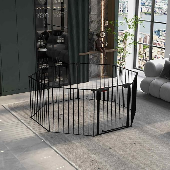 8-Panel Configurable Metal Safety Gate Play Yard - 200" Adjustable Pet Fence with Walk-Through Door for Stairs, Fireplace, Christmas Tree - Indoor Foldable Child Barrier, Black