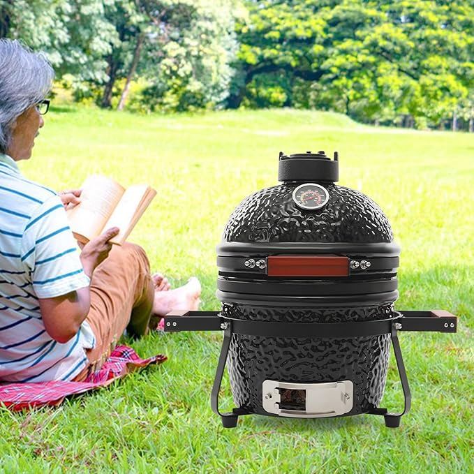 13 Inch Ceramic Charcoal Grill, Portable BBQ Smoker for Grilling & Smoking, Outdoor Patio Backyard Cooking, Movable Ceramic Barbecue Grill with Temperature Gauge