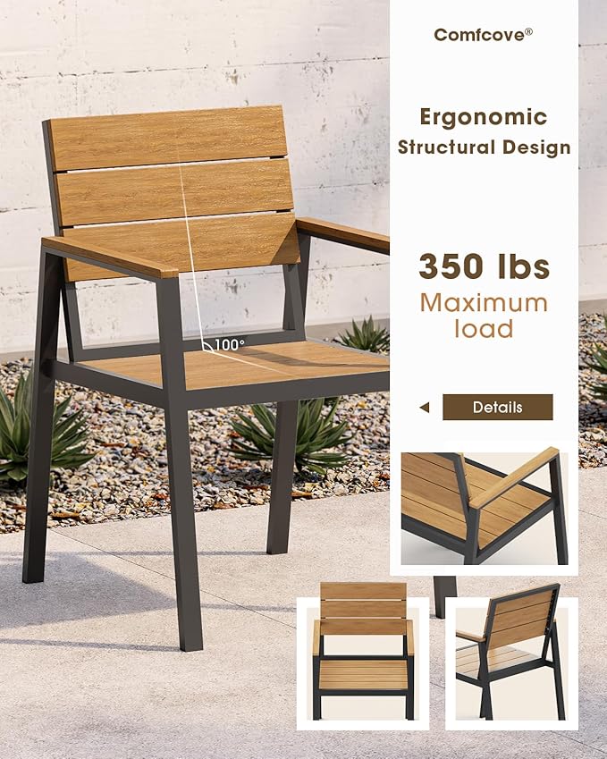 Outdoor Patio Dining Chairs Set of 2, Aluminum & HDPS All-Weather for Deck, Lawn, Backyard, Pool and Indoor Use (Gray & Teak)