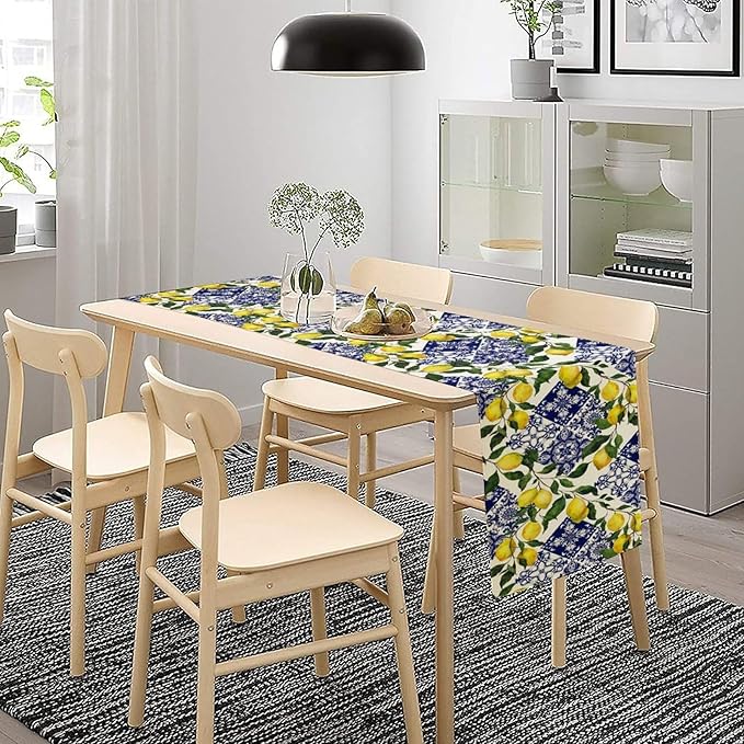 Lemon Fruit Nature Table Runner Farmhouse Talavera Ethnic Folk Rustic Watercolor Blue Dining Table Decoration for Home Holiday Party Dresser Kitchen Cabin Restaurant Wedding Decor 13×108in