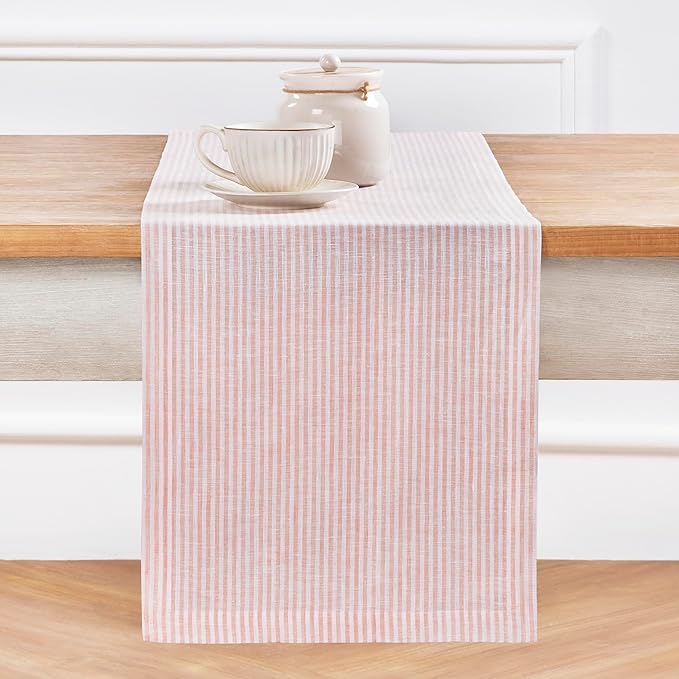 Solino Home Linen Table Runner 60 Inches - Narrow Stripe 100% Pure Linen Peach and White Table Runner 14 x 60 Inch Ideal for Dresser and Coffee Tables, Valentines, Spring, Easter
