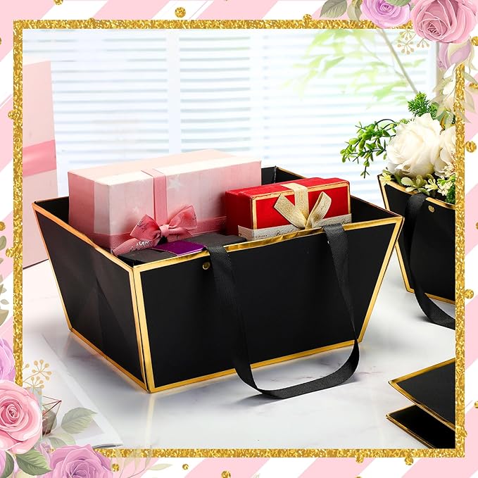 Pinkunn 48 Pcs Basket for Gifts Empty DIY Bulk Gift Basket Kit with Handles Kraft Cardboard Tray for Wedding Baby Shower Graduation Party Anniversary Party Display(Black Gold)