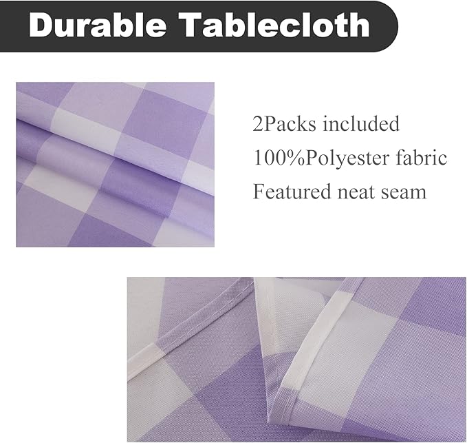 2 Pack Waterproof Polyester Fabic Rectangle Checkered Tablecloth，60x84 Outdoor Table Cloth，Oil Stain Prevention Table Cloth for Pinics and Parties（Lavender and White）