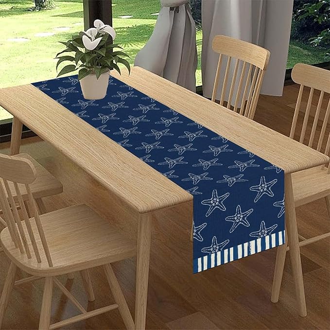 Starfish Table Runner, Summer Coastal Navy Blue Nautical Tropical Rustic Farmhouse Coffee Table Center Decor for Home Kitchen Dining Patio Holiday Party Table Decorations 13"x36"