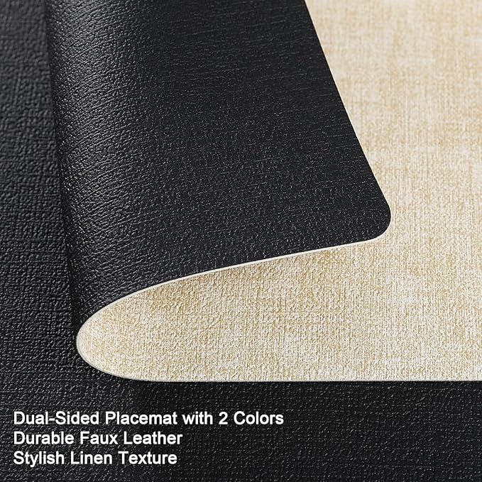 Myir JUN Dual Sided Placemats, Faux Leather Set of 4 for Dining Table Indoor Outdoor, Square Non-Slip Washable Table Mats (Cream-White Black)