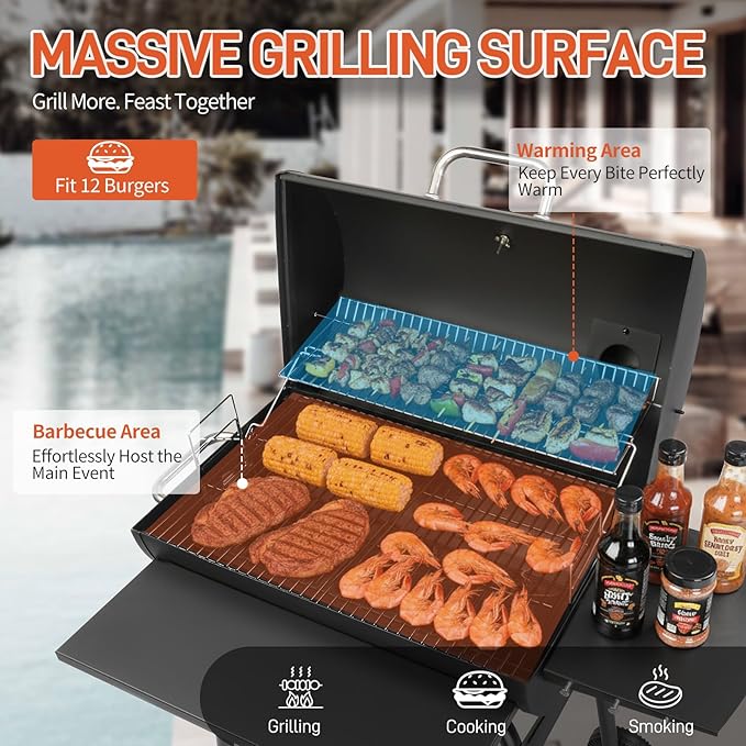 Outvita Barrel Charcoal Grill with Warming Rack, Outdoor BBQ Grill with Side Front Table with Nearly 564 Sq.In. Cooking Grid Area for Backyard Patio Picnic Parties Camping, Black