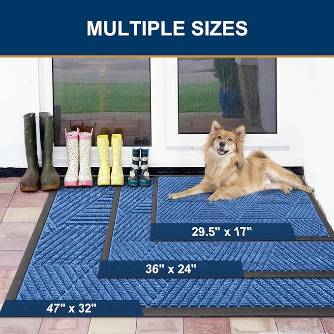 Smiry Front Door Mat Outside Entrance, Heavy Duty Sturdy Natural Rubber Doormat, Trap Dirt and Moisture, Easy Clean Low Profile Mats for Indoor Outdoor Entry, Irregular Triangle (59x35, Blue)