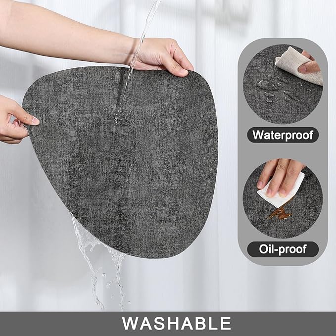 Placemats and Coasters, Washable Reversible Placemats Round Faux Leather Wipeable Place Mats Non Slip Heat Resistant Indoor Outdoor Table Mats (Set of 6, Gray)