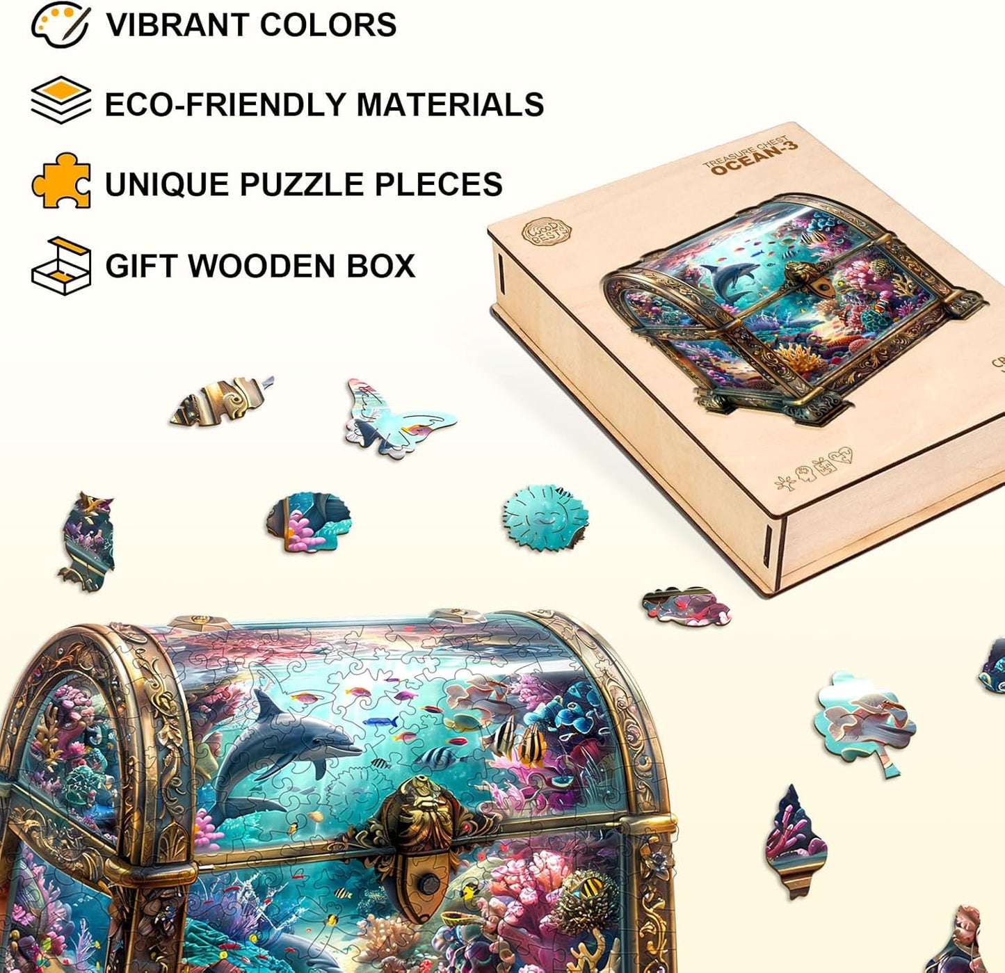 Wooden Puzzles for Adults, Treasure Chest Ocean Wooden Jigsaw Puzzle Fish 430 PCS Unique Shape Wood Puzzles Adult 3D Visual Effect Birthday Gifts for Puzzle Lovers Family Games (XL-17.3 * 16.7in)