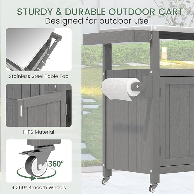 Weatherproof HIPS Outdoor Kitchen Island with Stainless Steel Top & Storage Cabinet, Movable Prep Table with Wheels for BBQ Food Prep, Outdoor Grill Cart for Parties, Grey