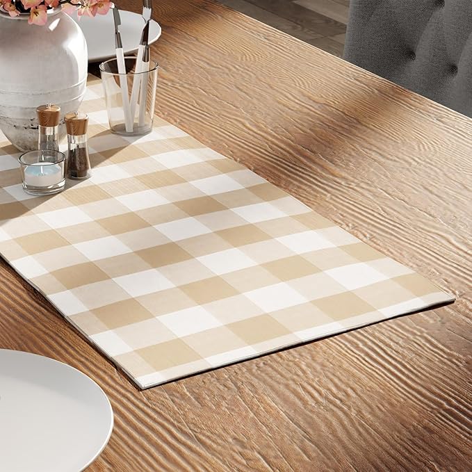 Encasa XO Cotton Dining Table Runner | Buffalo Beige Checks | Size 13x36 in - Machine Washable & Durable