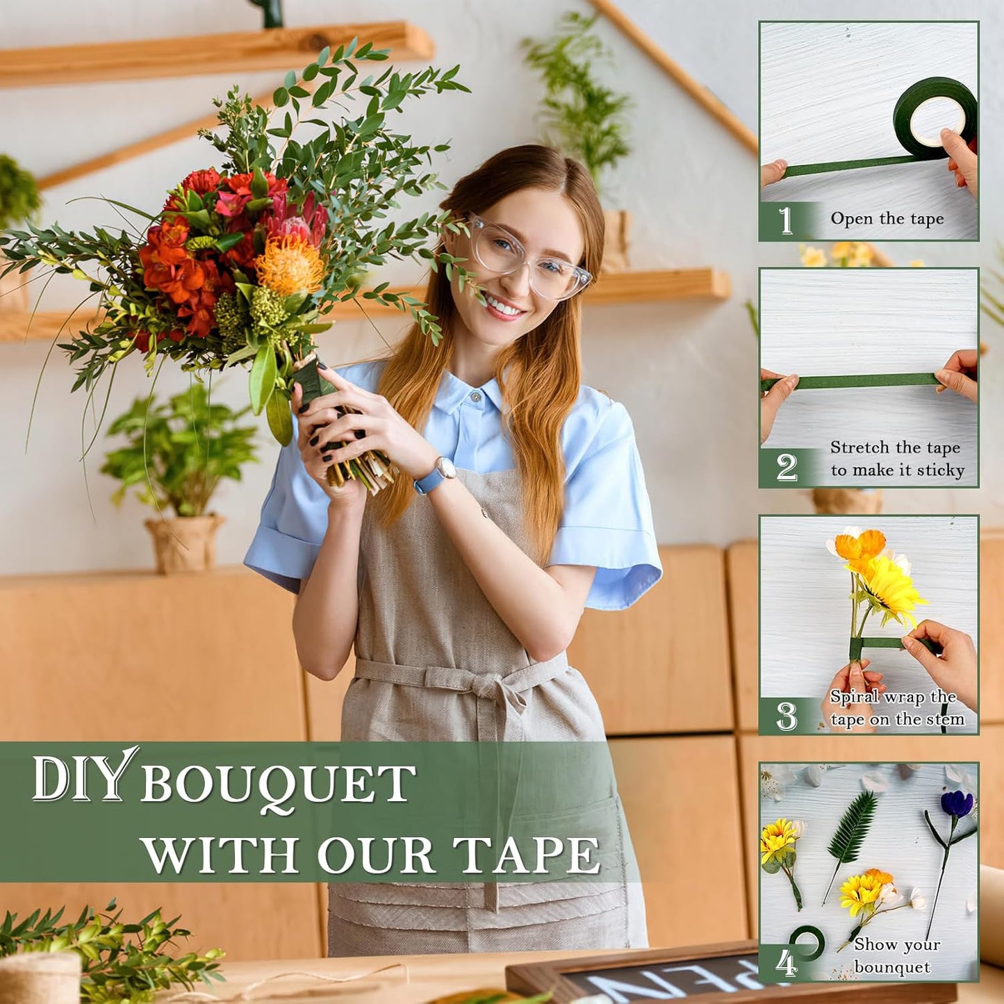 8 Rolls Floral Tape, 1/2" Wide Flower Tape, Dark Green Floral Tape for Fresh Flowers, Adhesive Florist Tape for Floral Crafts, Bouquet Floral Arranging Stem Wrapping, Wedding Bouquet, 30Yard