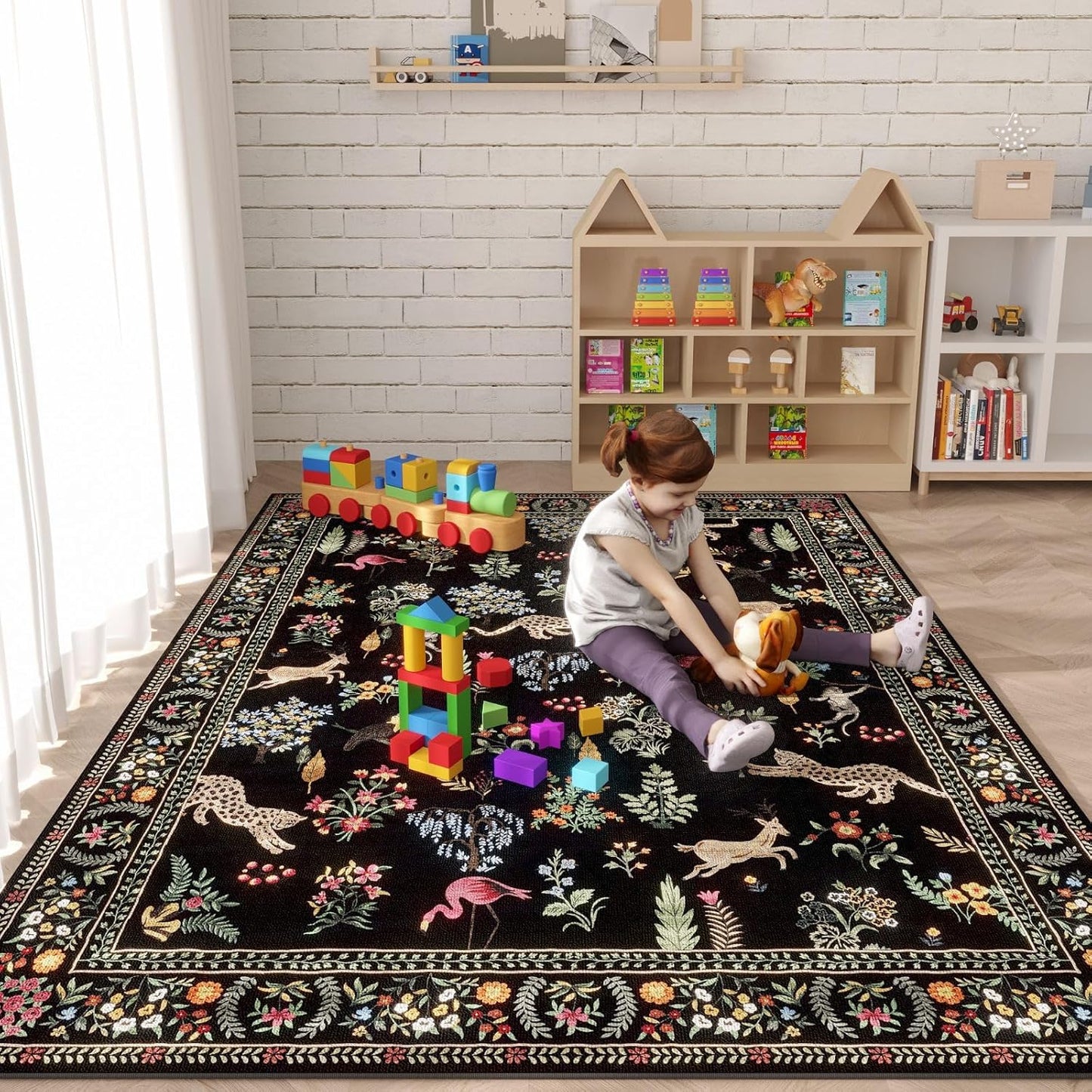 Rugcomf Living Room Rug 6x9 Rug Machine Washable Boho Area Rug Non Slip Floral Animal Vintage Low Pile Large Rug for Living Room, Bedroom, Farmhouse, Dining Room, Kids Playroom (Black)