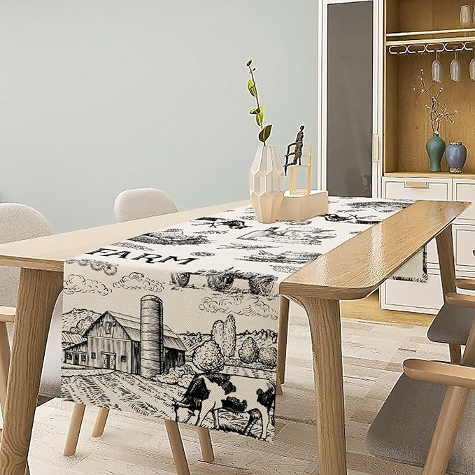 Milk Farm Table Runner, Rustic Farmhouse Animals Fresh Eggs Bread Vegetables Print Table Runner for Farmhouse Kitchen Decor Party Picnic Holiday Dinner, 13x36inch
