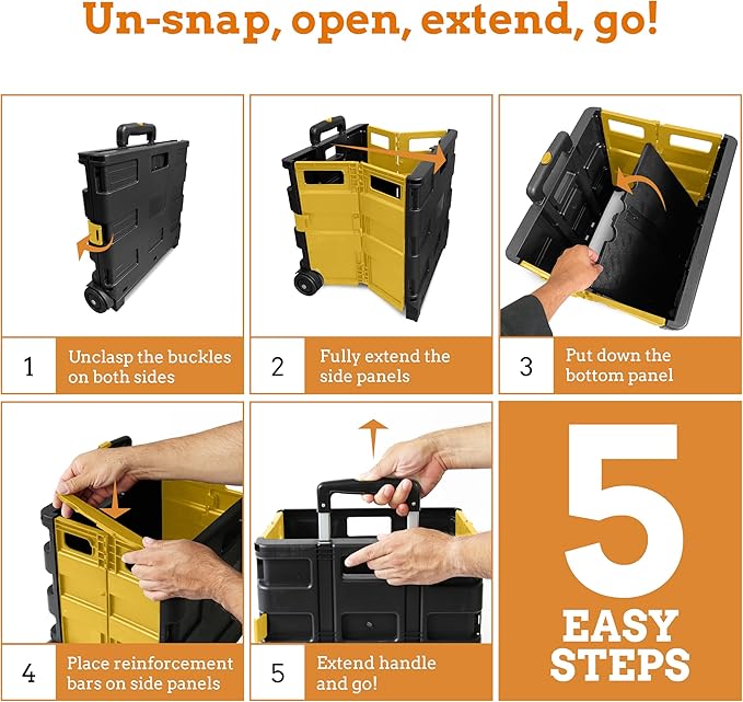 Inspired Living Ultra-Slim Rolling Collapsible Storage Pack-N-Roll Utility-carts, with Telescopic Handle, for Home, Garden, Shopping, Office, School use, Medium, Yellow & Black