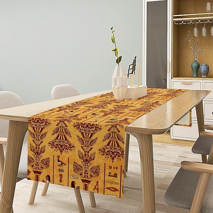 Egyptian Table Runner, Rustic Egypt Mythology Pharaohs African Hieroglyphs Old Alphabetic Table Runner for Kitchen Dining Room Farmhouse Party Banquet 13x108in