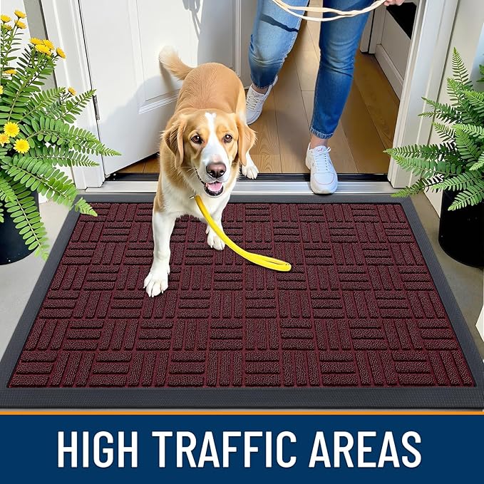 OLANLY Front Door Mat Outside Entrance 47x17, Absorbent, Heavy Duty Sturdy Natural Rubber Doormat Indoor Outdoor, Non-Slip, Stain and Fade Resistant, Low Profile Floor Mat for Entryway, Burgundy