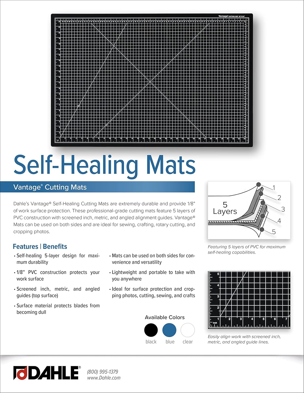Dahle Vantage 10682 See-Through Premium Self-Healing Cutting Mat, 18"x24", 1/2" Grid, 5 Layers for Max Healing, Perfect for Crafts & Sewing, Clear