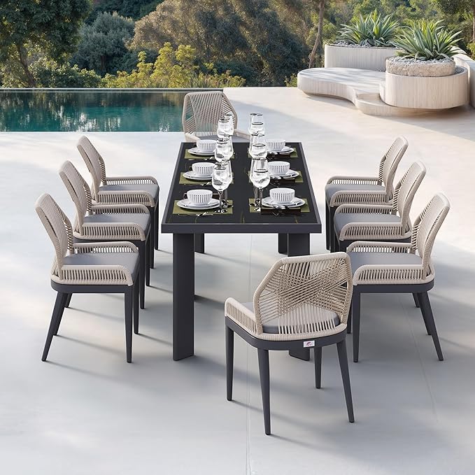 PURPLE LEAF 9 Pieces Patio Dining Set Aluminum Rectangular Table and Wicker Chairs with Cushions for Kitchen Porch Garden Modern Outdoor Furniture Sets, Dark Grey