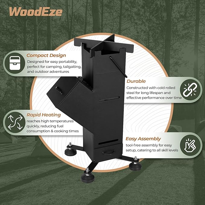 Portable Small - Black Rocket Stove - Efficient Campfire Cooking with Twigs, Lightweight & Compact, Perfect for Camping, Tailgating, Backpacking & Backyard - Easy Setup for High Heat Preparing