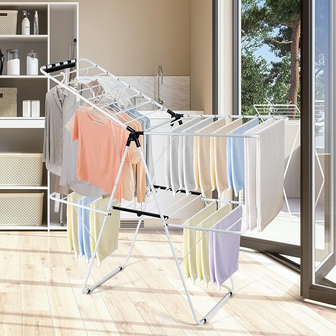 GOFLAME 2-Tier Clothes Drying Rack, Folding Laundry Dry Rack with Adjustable Supporting Bar, 26 Premium Clips, Space-Saving & Collapsible Laundry Hanger for Easy Storage, No Assembly Needed