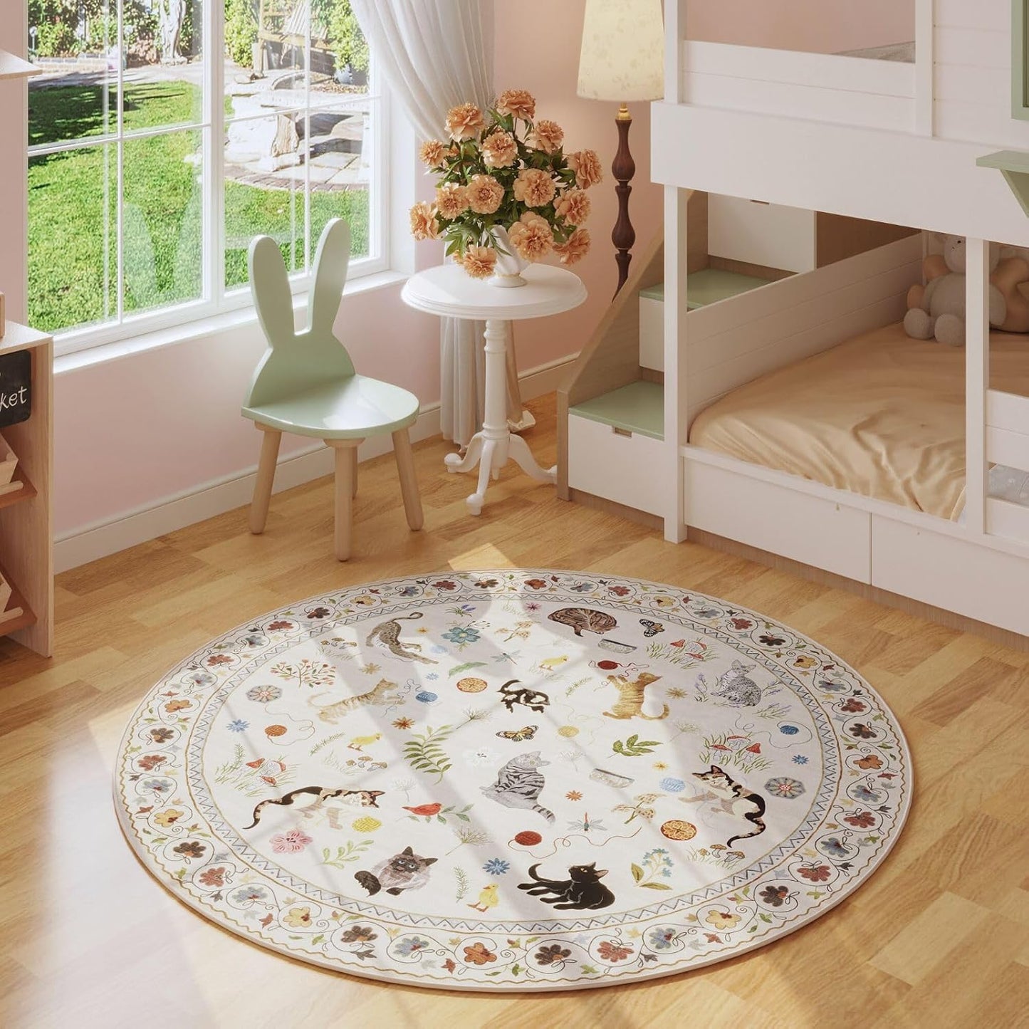 Rugcomf Round Rug 6ft Washable Circle Rug Non Slip Low Pile Boho Floral Animal Cat Small Circular Rug for Bedroom Bathroom Entryway Kids Room Office College Dorm, Beige