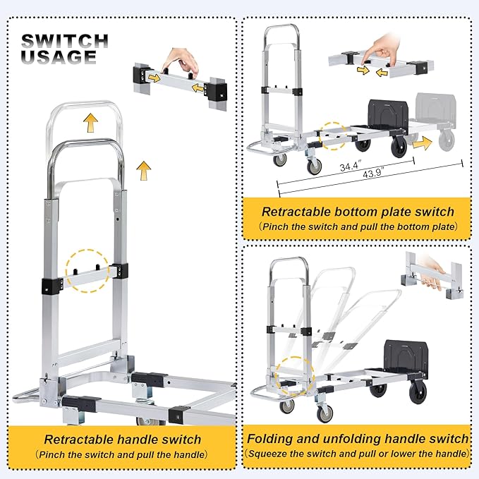 Upgraded 3 in 1 Aluminum Folding Hand Truck, 600lbs Capacity, Heavy Duty Convertible Dolly with Retractable Handle and 4 Rubber Wheels, Collapsible Cart for Moving Home, Office, Warehouse (Black)