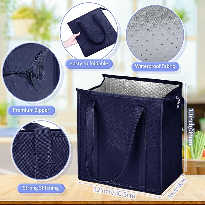 10 Pack Large Insulated Grocery Bags Reusable Shopping Bags with Zippered Top 13 x 12 x 7 Inch Thermal Cooler Totes Bulk with Handles for Hot Cold Food Delivery Refrigerator(Navy Blue)