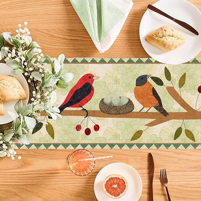 Seliem Summer Birds Tree Branches Table Runner, Cardinal Home Kitchen Dining Decor, Spring Seasonal Farmhouse Decorations Indoor Outdoor Party Supply 13 x 48 Inch