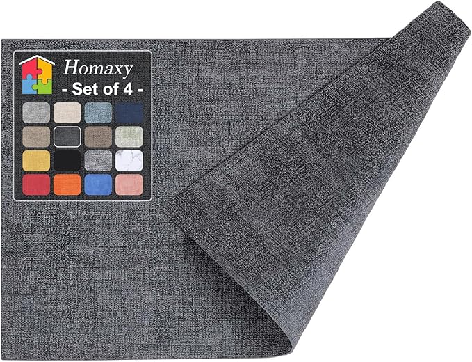 Homaxy Faux Leather Heat Resistant Placemats for Dining Table Set of 4, Waterproof Wipeable Washable PU Table Mats, Easy to Clean Anti-Slip Place Mats, 11.8" x 17", Dark Grey