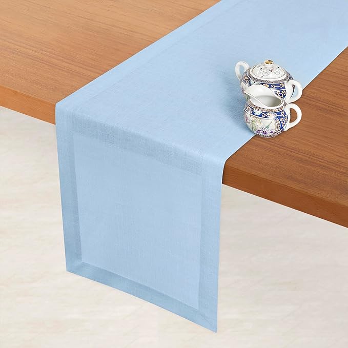 D'Moksha Homes Linen Powder Blue Table Runner 72 Inches Long - 100% Pure Linen 14 x 72 Inch Table Runner for Dining, Winter, Holiday - Machine Washable