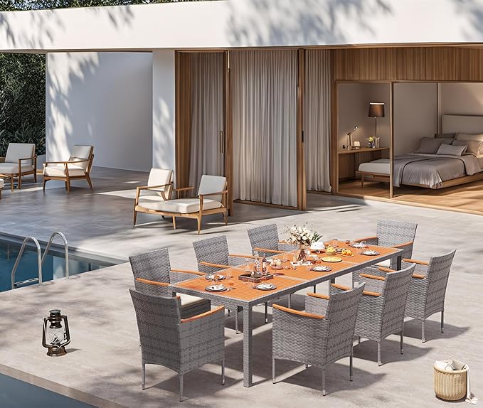 Devoko Outdoor Patio Dining Sets 9 Pieces Wicker Outdoor Dining Table and Chairs Set with Acacia Wood Table Top and Widened Armrests for Backyard, Garden, Deck (Grey)