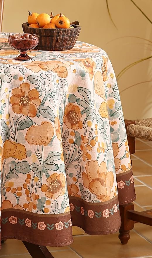 Vintage Linen Round Tablecloth,Italian Orange Floral Soft and Wrinkle Free Tablecloths,Decorative Table Cover for Kitchen,Dining,Tea Party,Home,Christmas,Diameter 67"-Positano