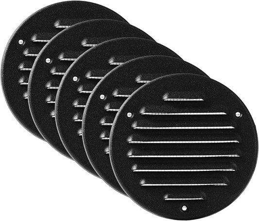 Vent Systems - 4 Inch (Inner) Pack of 5 Black Metal Round Soffit Air Vent Grille Cover, Register air Vent Deflector, Louver - Built-in Mesh - HVAC for Bathroom, Home Office, Kitchen 5 Inch (Outer)