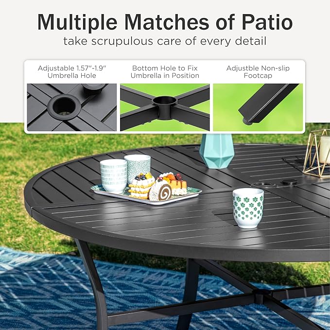 PHI VILLA 7 Pieces Patio Dining Set, Outdoor Round Table and Chairs for 6, 52" Round Dining Table with Umbrella Hole & 6 Heavy Metal Wicker Chairs with Thick Cushions