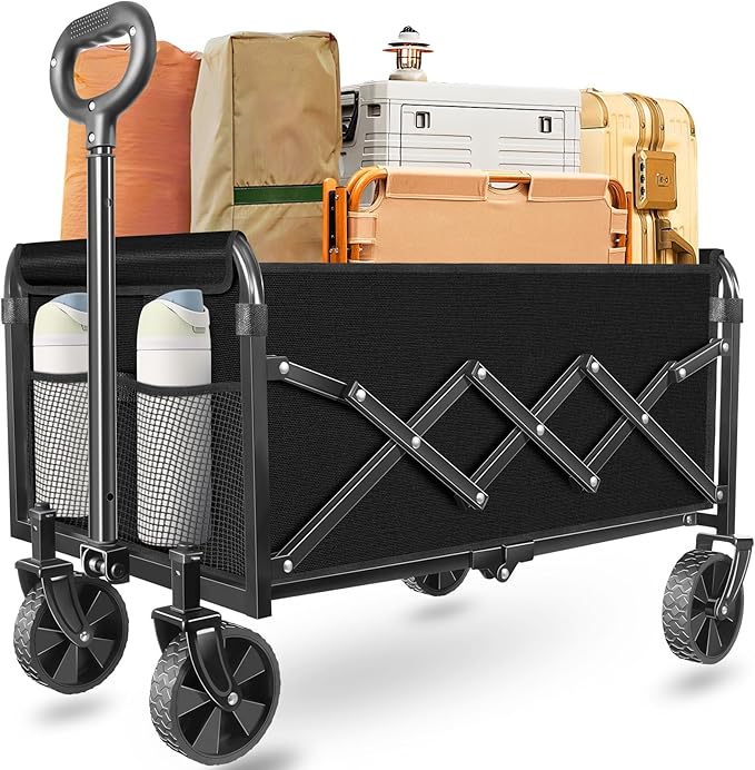 Wagons Carts Foldable, Collapsible Wagon with Wheels — Durable Folding Utility Pull Wagon Cart for Groceries, Picnic & Pets, Park Trips & Small Hauls, 360 lbs Heavy Duty Capacity,Graphite Black