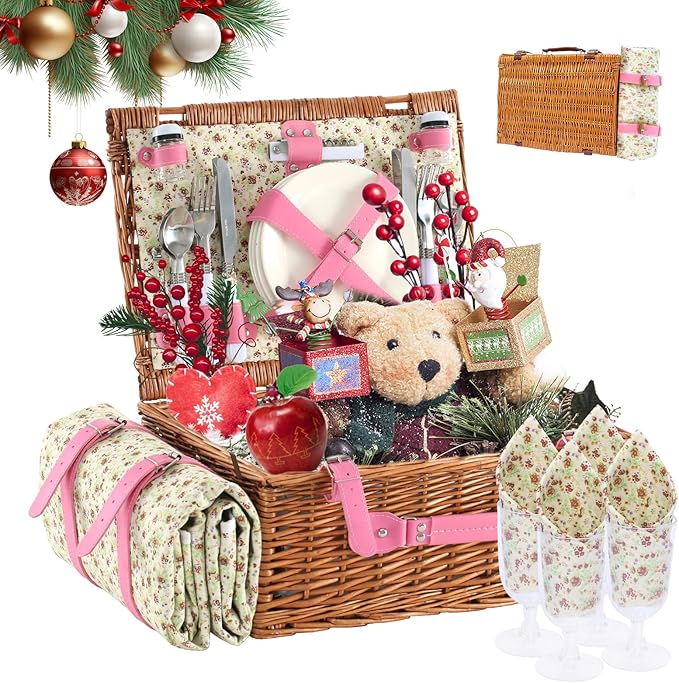 Neti Neti Wicker Picnic Basket for 4 with Insulated Cooler & Waterproof Blanket – Large Willow Picnic Hamper for Outdoor, Camping, Beach, Romantic Dates, Valentine’s Day