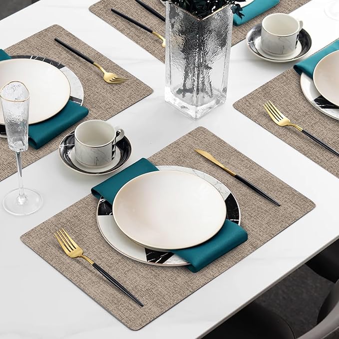 Faux Leather Heat Resistant Placemats Set of 4 – Waterproof Oilproof Wipeable Dining PU Place Mat Easy Clean Table Mats for Kitchen/Dining/Party/Holiday, Khaki