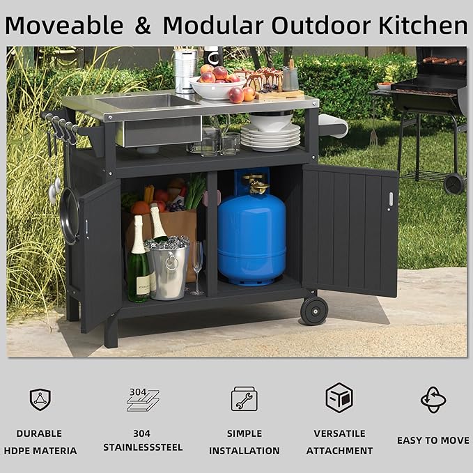 TORVA All in One Outdoor Grill Cart with Sink,Cabinet and Cover, 42 inch Freestanding Modular Kitchen Sink Station in 304 Stainless Steel&HDPE, All Weather Use BBQ Table, Grey