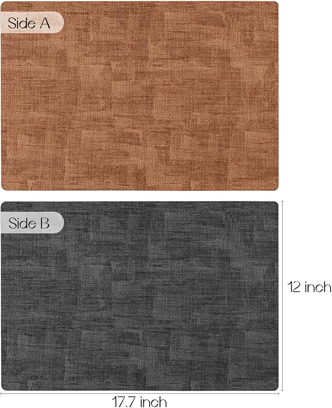 Romanstile Reversible Vinyl Placemats Set of 4, Faux Leather 100% Waterproof Oil-Proof Wipeable Place Mats, Heat Resistant Dual Sided Table Mats for Kitchen/Dining/Party (Grey Orange, 12 x 17 Inch)