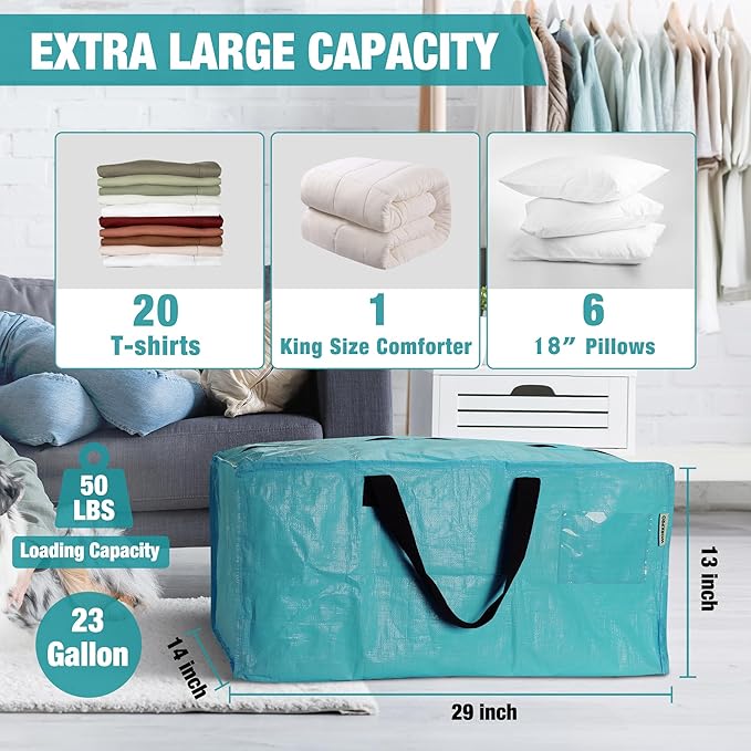 WORKPRO 6 Pack Extra Large Moving Bags with Zippers & Carrying Handles Backpack Straps, Heavy-Duty Storage Tote for Space Saving Moving Storage (Blue)