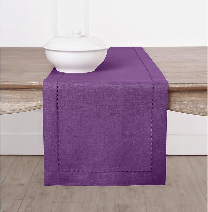 Solino Home Linen Purple Table Runner 72 Inches Long - 100% Pure Linen Hemstitch Table Runner 14 x 72 Inch for Dresser, Dining, Spring, Easter, Valentines - Classic Hemstitch