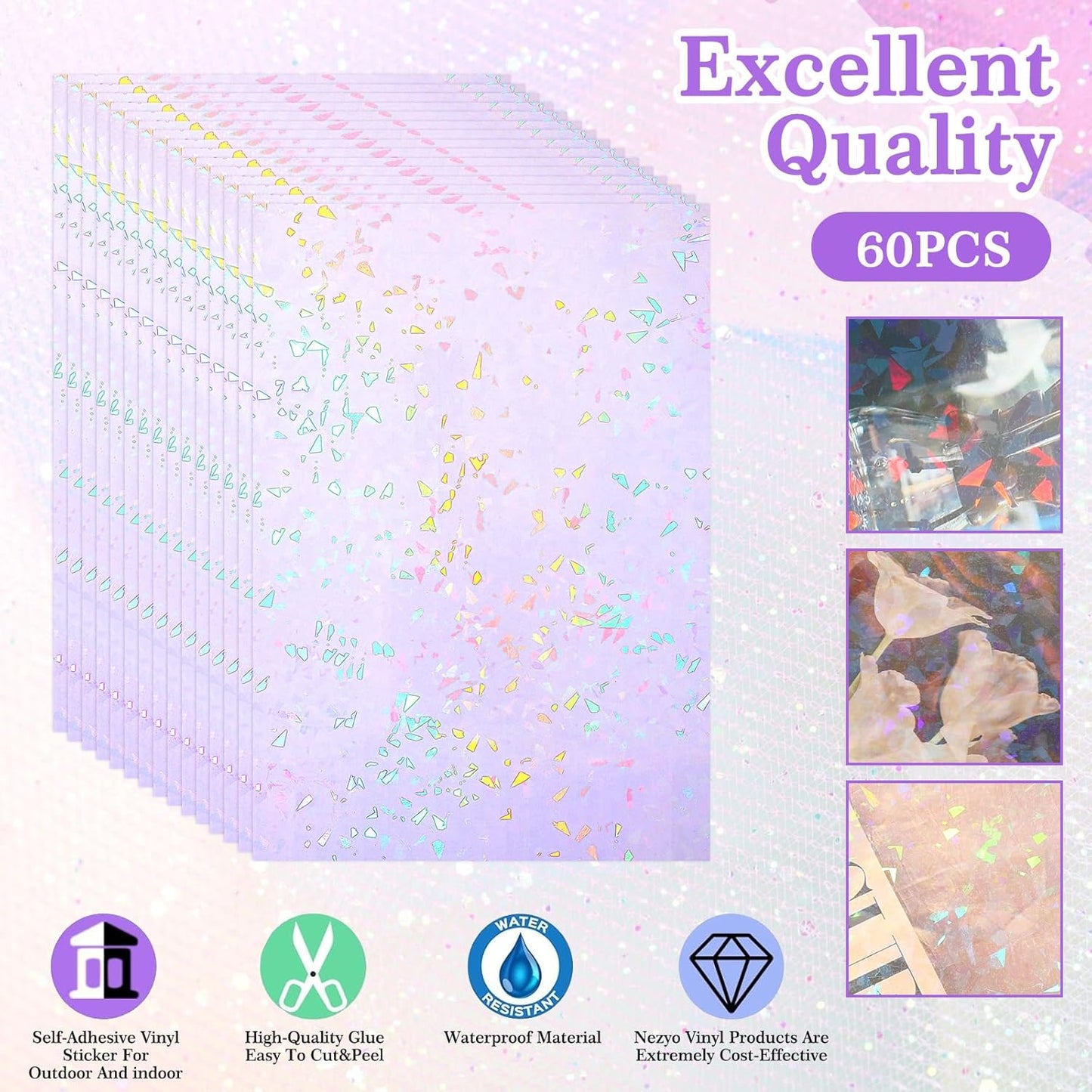 60 Sheets Holographic Laminate Sheets Clear Glitter A4 Size Vinyl Sticker Paper Holographic Overlay Self Adhesive Waterproof Transparent Film, 11.7 x 8.3 Inch (Broken Grass)
