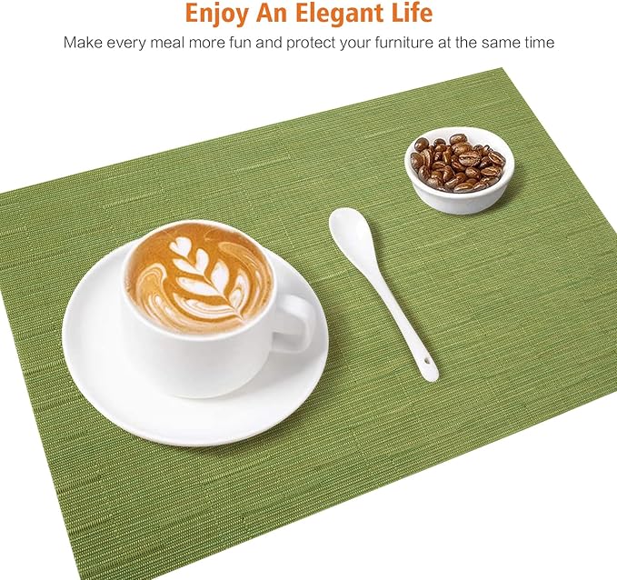 Placemats Set of 6,Washable,Heat and Stain Resistant Indoor/Outdoor Place mats,Vinyl Woven Non Slip Table Mats for Restaurant Table Protection,PVC Placemats(Green,6PCS)